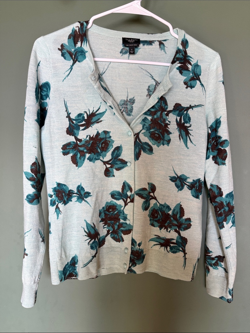 Talbots Mint Floral Button-Front Cardigan